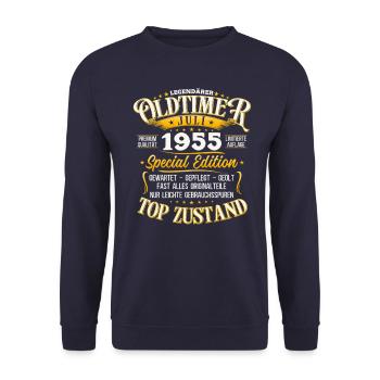 70. Geburtstag Oldtimer Juli Jahrgang 1955 - Unisex Pullover - Navy - Vorne - Alina (178cm) & Michal (187cm)