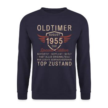 70. Geburtstag Oldtimer August Jahrgang 1955 - Unisex Pullover - Navy - Vorne - Alina (178cm) & Michal (187cm)