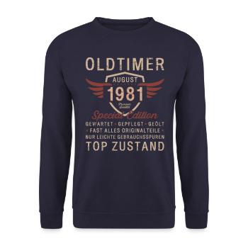 44. Geburtstag Oldtimer August Jahrgang 1981 - Unisex Pullover - Navy - Vorne - Alina (178cm) & Michal (187cm)
