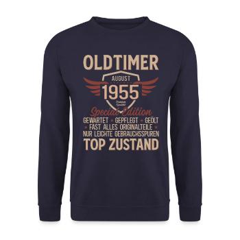 70. Geburtstag Oldtimer August Jahrgang 1955 - Unisex Pullover - Navy - Vorne - Alina (178cm) & Michal (187cm)