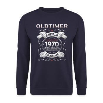 55. Geburtstag Mann Oldtimer Jahrgang 1970 - Unisex Pullover - Navy - Vorne - Alina (178cm) & Michal (187cm)