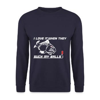 Karpfen Karpfen Ich liebe es, wenn sie meine Eier saugen - Unisex Pullover - Navy - Vorne - Alina (178cm) & Michal (187cm)