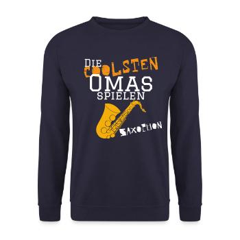 Die coolsten Omas spielen Saxophon - Orchester - Unisex Pullover - Navy - Vorne - Alina (178cm) & Michal (187cm)