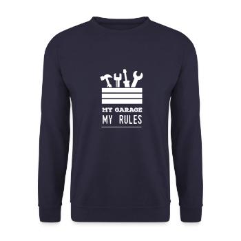 Meine Garage Regeln Geschenk Werkzeug Hammer Zange - Unisex Pullover - Navy - Vorne - Alina (178cm) & Michal (187cm)