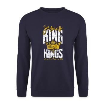 Jesus König der Könige Bibelvers - Unisex Pullover - Navy - Vorne - Alina (178cm) & Michal (187cm)