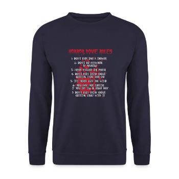 Horrorfilm Regeln - Unisex Pullover - Navy - Vorne - Alina (178cm) & Michal (187cm)