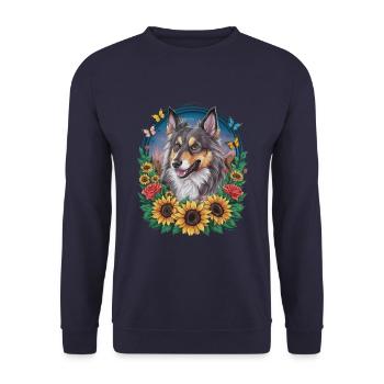 Norwegian Elkhound with Roses, Butterflies - Unisex Sweatshirt - navy - Front - Alina (178cm) & Michal (187cm)