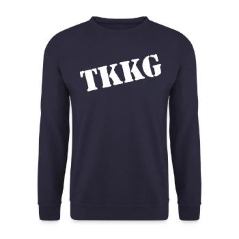 TKKG Classic Logo Schräg In Weiß - Unisex Pullover - Navy - Vorne - Alina (178cm) & Michal (187cm)