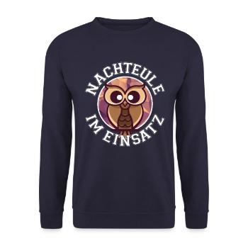 Nachteule im Einsatz Nachtdienst Eule - Unisex Pullover - Navy - Vorne - Alina (178cm) & Michal (187cm)