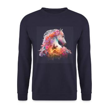 Pferd Blumen Reiter Western Wildpferd Berge - Unisex Pullover - Navy - Vorne - Alina (178cm) & Michal (187cm)