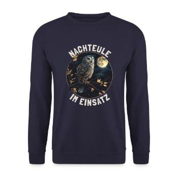 Nachteule im Einsatz Eule Vollmond Nachtdienst - Unisex Pullover - Navy - Vorne - Alina (178cm) & Michal (187cm)