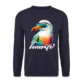 Tenerife Urlaub coole bunte Möwe mit Sonnenbrille - Unisex Pullover - Navy - Vorne - Alina (178cm) & Michal (187cm)