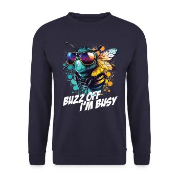 Hummel mit Sonnenbrille Buzz Off I'm Busy - Unisex Pullover - Navy - Vorne - Alina (178cm) & Michal (187cm)