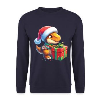 T-Rex Dino Weihnachtsmann packt Geschenke aus - Unisex Pullover - Navy - Vorne - Alina (178cm) & Michal (187cm)
