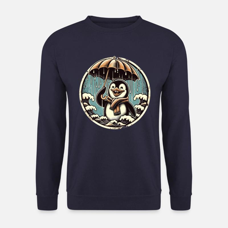 Fröhlicher Pinguin bei Regen mit Regenschirm - Unisex Pullover - Navy