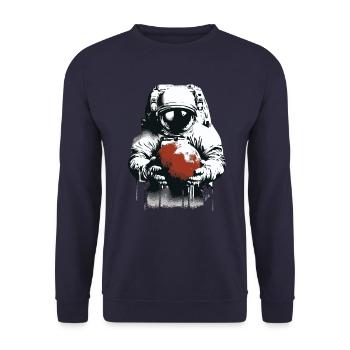 Astronaut hält Mars Planet in den Händen - Unisex Pullover - Navy - Vorne - Alina (178cm) & Michal (187cm)