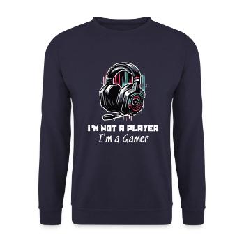 I'm not a Player but a Gamer Sprüche Shirt - Unisex Pullover - Navy - Vorne - Alina (178cm) & Michal (187cm)