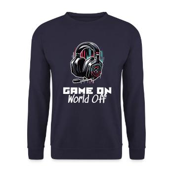Game On World Off Gamer Sprüche Shirt - Unisex Pullover - Navy - Vorne - Alina (178cm) & Michal (187cm)