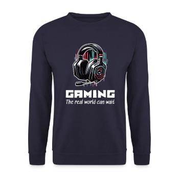 Gaming The real world can wait Gamer Sprüche Shirt - Unisex Pullover - Navy - Vorne - Alina (178cm) & Michal (187cm)