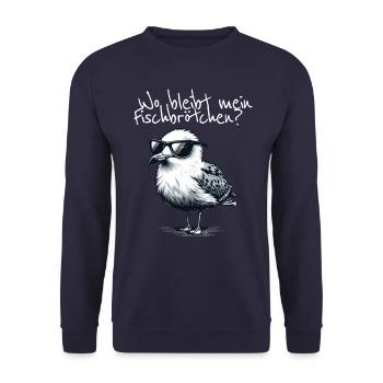Wo bleibt mein Fischbrötchen Coole Möwe Spruch - Unisex Pullover - Navy - Vorne - Alina (178cm) & Michal (187cm)
