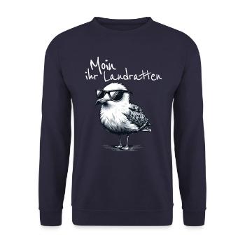 Moin ihr Landratten Lustiger Möwe Spruch - Unisex Pullover - Navy - Vorne - Alina (178cm) & Michal (187cm)