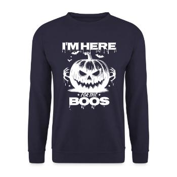 Halloween Kürbis I'm here for the Boos - Unisex Pullover - Navy - Vorne - Alina (178cm) & Michal (187cm)