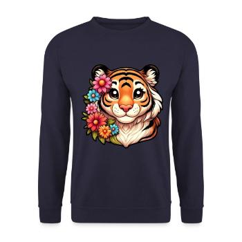 Tiger Weibchen mit Blumen - Unisex Pullover - Navy - Vorne - Alina (178cm) & Michal (187cm)