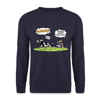 Zenzi von der Alm mit Kuh - Unisex Pullover - Navy - Vorne - Alina (178cm) & Michal (187cm)