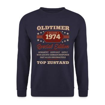 Oldtimer 1974 Jahrgang 1974 Geburtstag 1974 - Unisex Pullover - Navy - Vorne - Alina (178cm) & Michal (187cm)