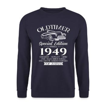 75. Geburtstag Oldtimer 1949 Jahrgang 1949 - Unisex Pullover - Navy - Vorne - Alina (178cm) & Michal (187cm)