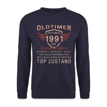 33. Geburtstag Oldtimer September 1991 Jahrgang 91 - Unisex Pullover - Navy - Vorne - Alina (178cm) & Michal (187cm)