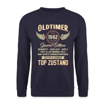 62. Geburtstag September Oldtimer 1962 Jahrgang - Unisex Pullover - Navy - Vorne - Alina (178cm) & Michal (187cm)