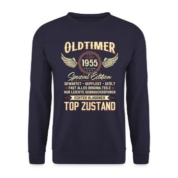 70. GeburtstagOldtimer September 1955 Jahrgang 55 - Unisex Pullover - Navy - Vorne - Alina (178cm) & Michal (187cm)