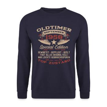 66. Geburtstag Oldtimer September 1958 Jahrgang 58 - Unisex Pullover - Navy - Vorne - Alina (178cm) & Michal (187cm)