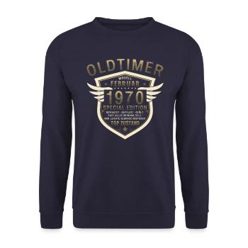 55. Geburtstag Oldtimer Februar Jahrgang 1970 - Unisex Pullover - Navy - Vorne - Alina (178cm) & Michal (187cm)