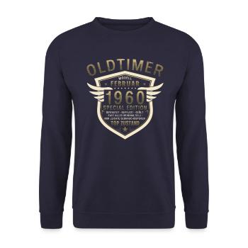 65. Geburtstag Oldtimer Februar Jahrgang 1960 - Unisex Pullover - Navy - Vorne - Alina (178cm) & Michal (187cm)