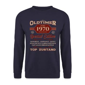 55. Geburtstag Oldtimer März Jahrgang 1970 - Unisex Pullover - Navy - Vorne - Alina (178cm) & Michal (187cm)