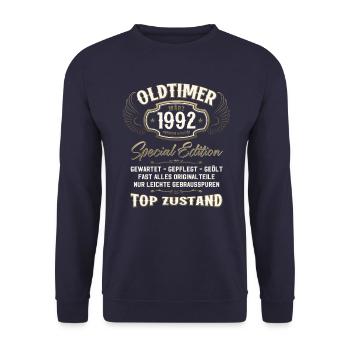 33. Geburtstag Oldtimer März 1992 Jahrgang 92 - Unisex Pullover - Navy - Vorne - Alina (178cm) & Michal (187cm)