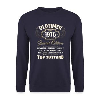 50. Geburtstag Oldtimer April Jahrgang 1976 - Unisex Pullover - Navy - Vorne - Alina (178cm) & Michal (187cm)