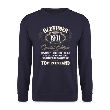 55. Geburtstag Oldtimer April Jahrgang 1971 - Unisex Pullover - Navy - Vorne - Alina (178cm) & Michal (187cm)