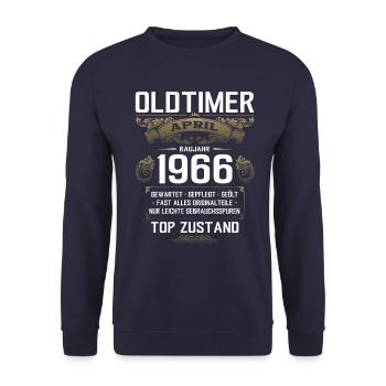 60. Geburtstag Oldtimer April Jahrgang 1966 - Unisex Pullover - Navy - Vorne - Alina (178cm) & Michal (187cm)