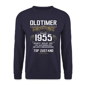 70. Geburtstag Oldtimer April Jahrgang 1955 - Unisex Pullover - Navy - Vorne - Alina (178cm) & Michal (187cm)