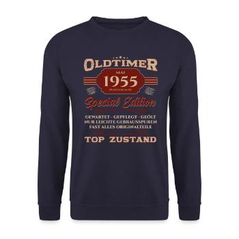 70. Geburtstag Oldtimer Mai Jahrgang 1955 - Unisex Pullover - Navy - Vorne - Alina (178cm) & Michal (187cm)