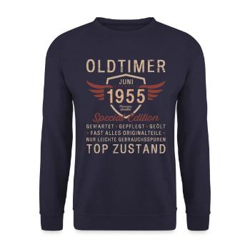 70. Geburtstag Oldtimer Juni Jahrgang 1955 - Unisex Pullover - Navy - Vorne - Alina (178cm) & Michal (187cm)