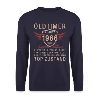 60. Geburtstag Oldtimer August Jahrgang 1966 - Unisex Pullover - Navy - Vorne - Alina (178cm) & Michal (187cm)