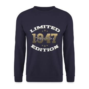 77th Birthday Original September 1947 Volume 47 - Unisex Sweatshirt - navy - Front - Alina (178cm) & Michal (187cm)