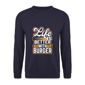 Burger - Life is better with burger - Hamburger - Unisex Pullover - Navy - Vorne - Alina (178cm) & Michal (187cm)