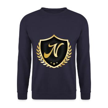 N Buchstabe Gold Wappen - Unisex Pullover - Navy - Vorne - Alina (178cm) & Michal (187cm)