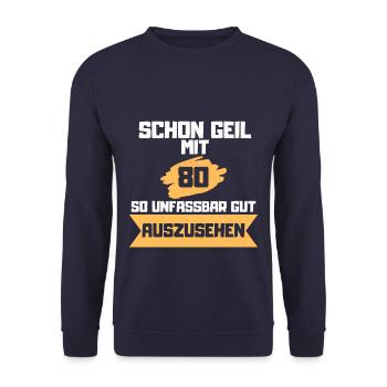80. Geburtstag - Unisex Pullover - Navy - Vorne - Alina (178cm) & Michal (187cm)