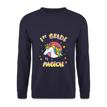 1st Grade Is Magical Unicorn Enrollment Gift - Unisex Sweatshirt - navy - Front - Alina (178cm) & Michal (187cm)